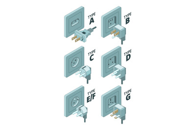 Power plug types. Electricity energy box connector meter 3d isometric