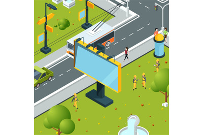 Urban billboards isometric. Town with blank places for advertizing on