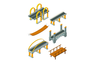 Viaduct bridge isometric. Wood support crossing river or highway loggi