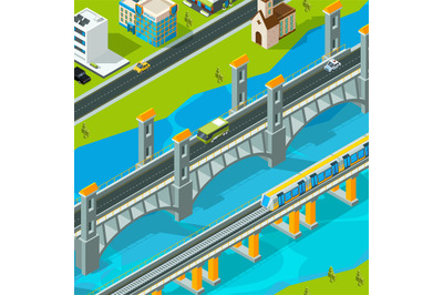 Town bridge landscape. Building footbridge pedestrian car overpass roa