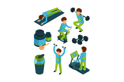 Sport people isometric. Exercises and fitness equipment for health gym