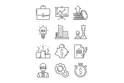 Business line icons. Money finance starting startup strategy team vect