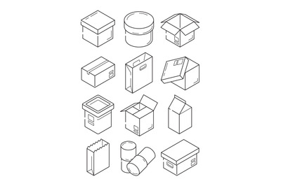 Box outline symbols. Paper wooden or carton export packages vector iso