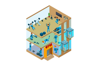 Fitness center interior. Gym sport club with classes for exercises and