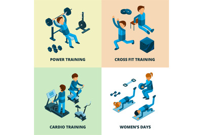 Fitness center isometric. Sport athlete people making power and cardio