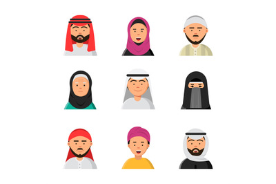 Arab avatars. Islam muslim portraits of male and female hijab niqab ve