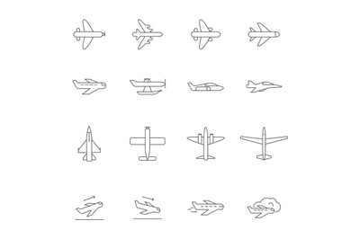 Airplane outline icons. Airline passenger aircraft symbols travelling