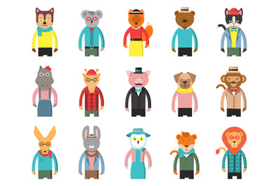 Zoo characters hipsters. Cartoon animals front view game avatars of fo