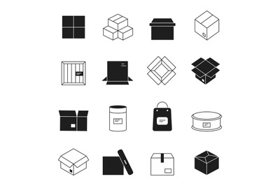 Box icons. Cardboard packages envelopes mail stack vector symbols isol