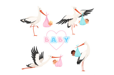 Stork with baby. Cute bird flying with newborn pacifier little childre