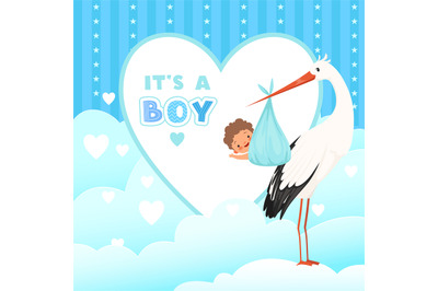 Shower card with stork. Flying bird with newborn baby gift. Vector car