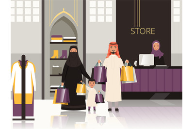 Saudi in market. Arabic family checkout in grocery store shop or super