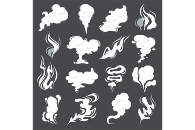 Smoke clouds. Steam puff cigarette or food smell vector abstract illus