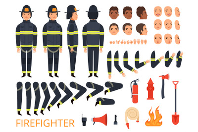 Fireman characters. Firefighter body parts and special uniform with pr