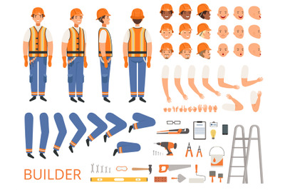 Engineer character animation. Body parts and specific tools of builder