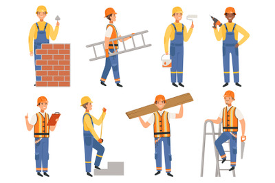 Builder cartoon character. Funny mascots of engineer or constructor in