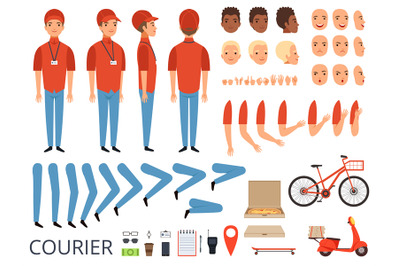 Pizza delivery animation. Fast food courier body parts with profession