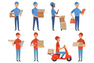 Pizza courier characters. Fast food deliver working in various action
