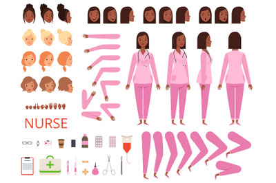 Female doctor animation. Nurse hospital character body parts and cloth