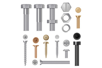 Steel screws bolts. Vise rivets metal construction hardware tools vect