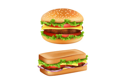 Hamburger and sandwich. Fast food realistic bread with ingredients sal