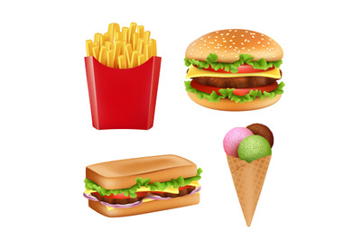 Fast food pictures. Hamburger sandwich fries icecream and cold drinks