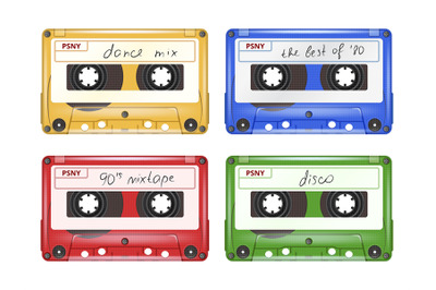 Colored audio cassette. Mixtape retro pop rock music equipment vector