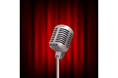 Retro microphone on stage. Professional stand up theatre red curtain b