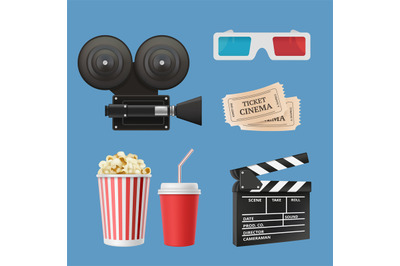 Cinema 3d icons. Movie camcorder clapperboards film tape and stereo gl