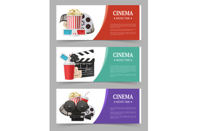 Cinema banners template. Movie flyer with film symbols camera tape ste