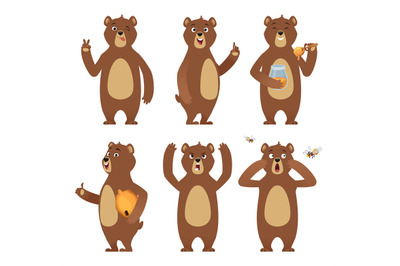 Brown bear cartoon. Wild animal standing at different poses nature cha