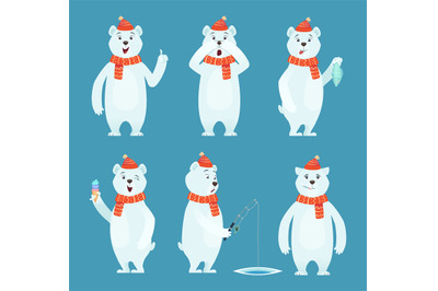 Polar bear cartoon. Ice snow white funny wild animal in different pose