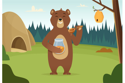 Brown bear with honey vector cartoon background