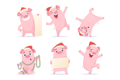 New year cartoon pig. Funny 2019 cute characters boar hog piglet masco