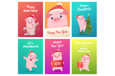 New year cards template. Celebration funny badges with pig boar hog pi