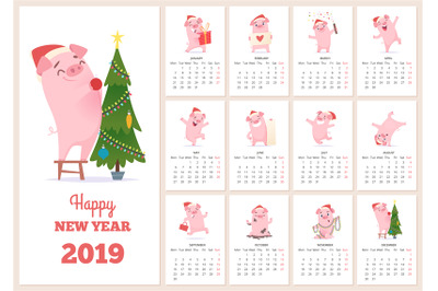 2019 calendar template. New year celebration pig character at design c