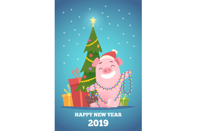 Cartoon pig new year background. Winter xmas illustration with funny p