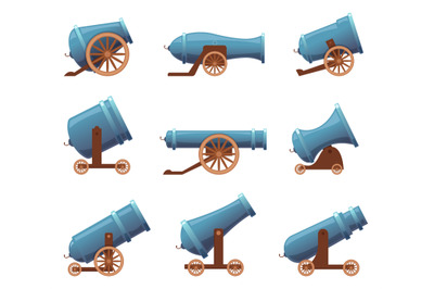 Retro cannon. Vintage military old iron weapons medieval circus artill