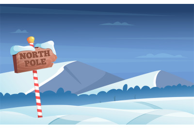 North pole road sign. Snowy background with snow trees night woods won