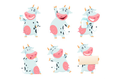 Milk cow animal. Cartoon farm character eating and posing cows mascots