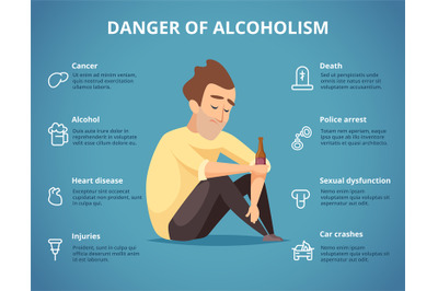 Alcoholism infographic. Alcohol and drugs addiction dangerous drunk dr