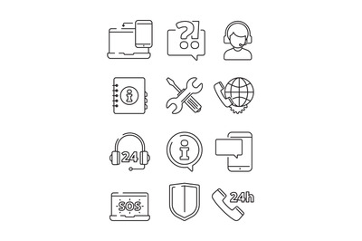 Customer service icons. Support help at phone line or web vector line