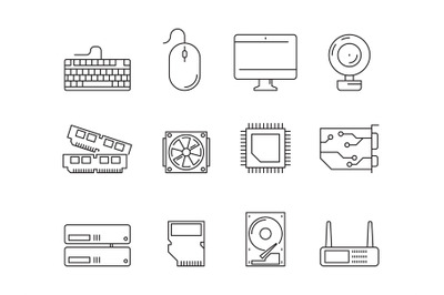 Pc components icons. Processor ssd cpu power adapter ram memory and hd