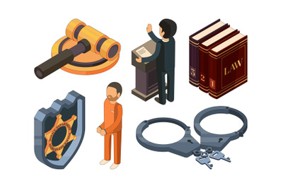 Law justice isometric. Legal hamer courtroom punishment prosecution 3d