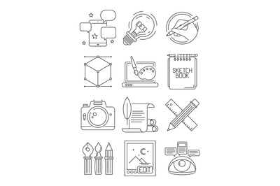 Creative line icons. Process of artists branding blogging graphic symb