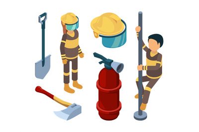 Fire station items isometric. Firefighters smoke truck fireman extingu