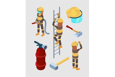 Firefighters isometric. Proffesional equipment of fire station hose bo