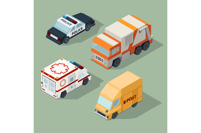 Urban cars isometric. Garbage truck mail van police and ambulance vect