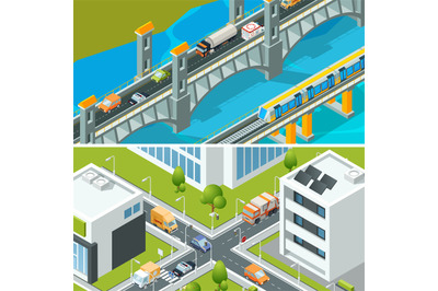 Highway intersection traffic. Urban landscape isometric with various v