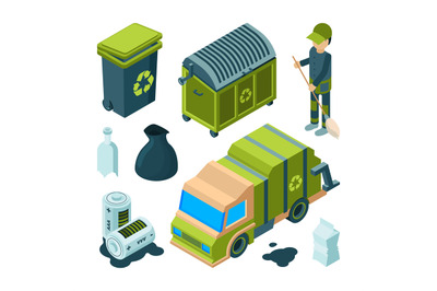 Garbage recycling isometric. City cleaning service truck urban inciner